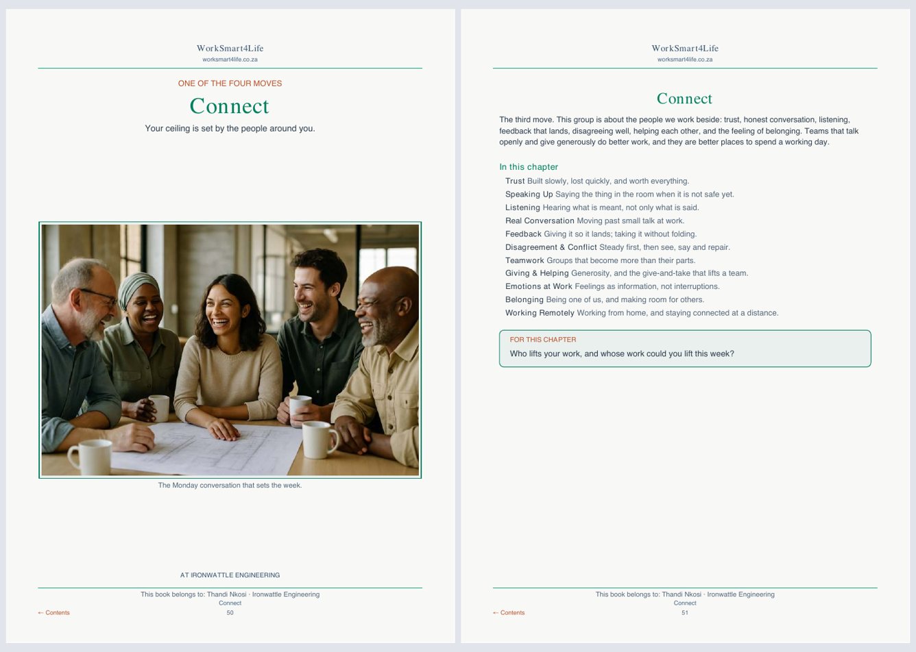 Demo edition, an invented company: the Connect group opening with the company’s own photograph of a team meeting